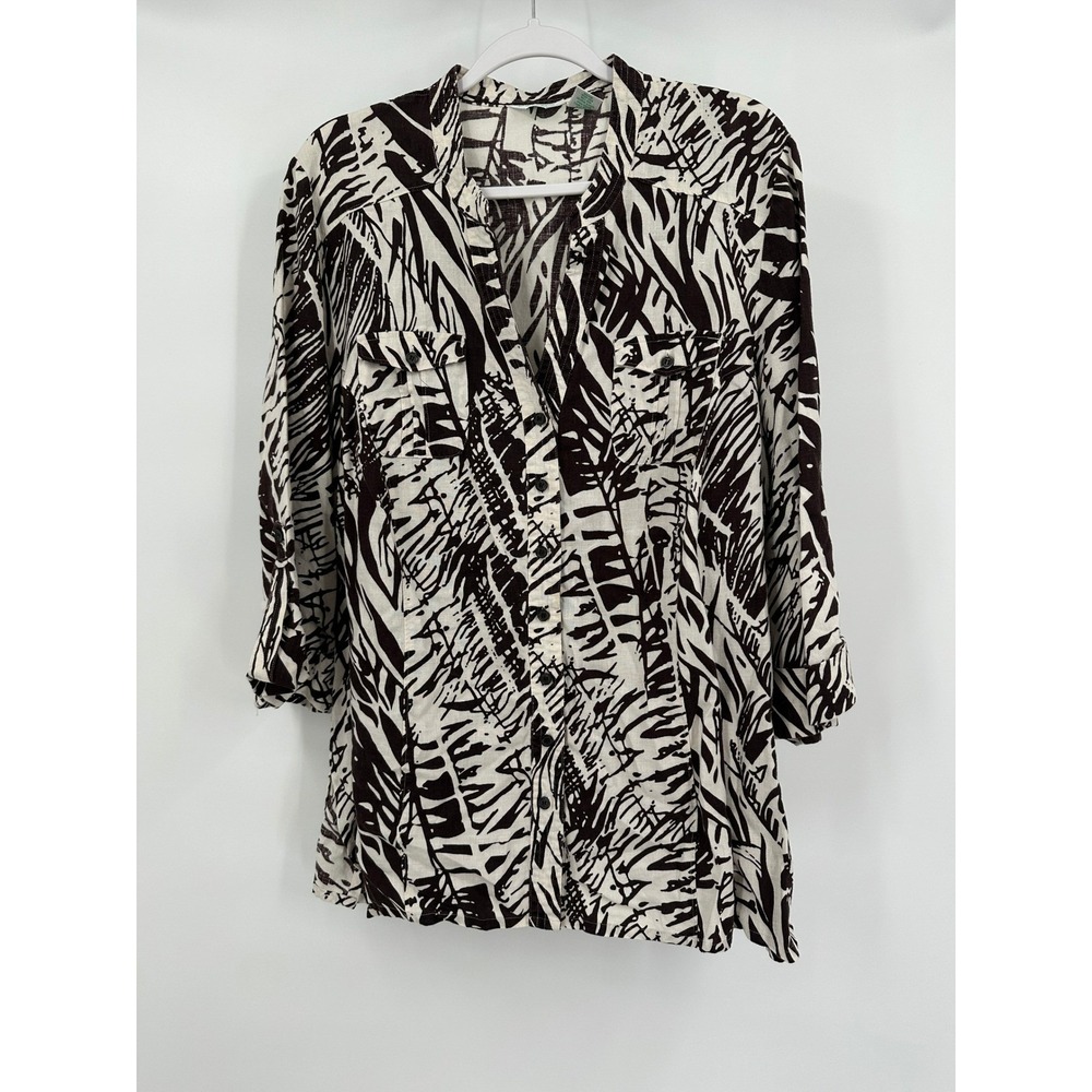 Laura Ashley Womens Botanical Print Linen Tunic Top Sz 2X Tropical Earthy Resort